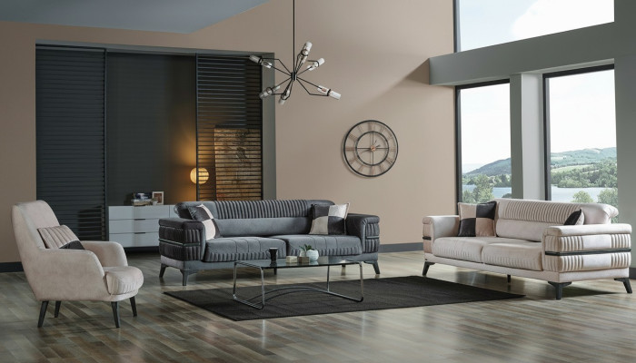 Sofagarnitur 3+3+1 Holz Wohnzimmer Luxus Sofa Modern Stoff Neu Komplett