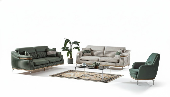 Sofagarnitur 3+3+1 Sitzer Wohnzimmer Set Komplett Textil Sofa Sessel Holz Eu