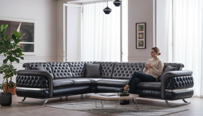 Ecksofa Wohnlandschaft Farbe Schwarz U Form XXL Sofa Neu Chesterfield Neu