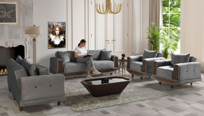 Sofagarnitur 3+2+1+1 Sitzer Textil Holz Sofa 3 Sitzer Modern Sessel Komplett Set
