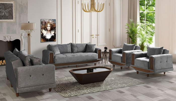 Sofagarnitur 3+2+1+1 Sitzer Textil Holz Sofa 3 Sitzer Modern Sessel Komplett Set