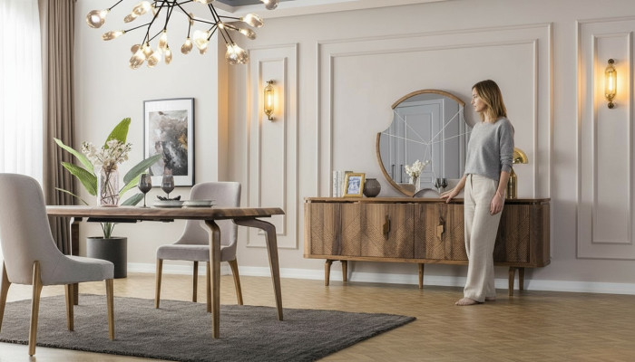 Esstisch + 6 Stühle + Sideboard + Spiegel Esszimmer Set Essgruppe Gruppentisch