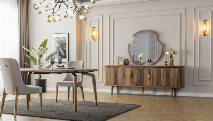 Esstisch + 6 Stühle + Sideboard + Spiegel Esszimmer Set Essgruppe Gruppentisch