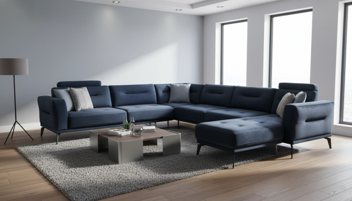  Luxus Modern Design Wohnzimmer U-Form Ecksofa Massiv Dunkelblau Sofa