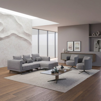 Wohnzimmer Komplett 4tlg 2x Sessel mit Ecksofa L-Form Designer Holz Couchtisch