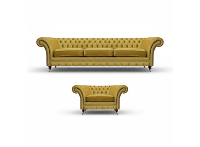 Chesterfield Luxus Set Polstermöbel Sofa Dreisitzer mit Sessel Wohnzimmer