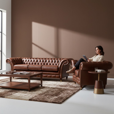 Braun Garnitur 2tlg Dreisitzer Sofa Leder Sessel Chesterfield Wohnzimmer