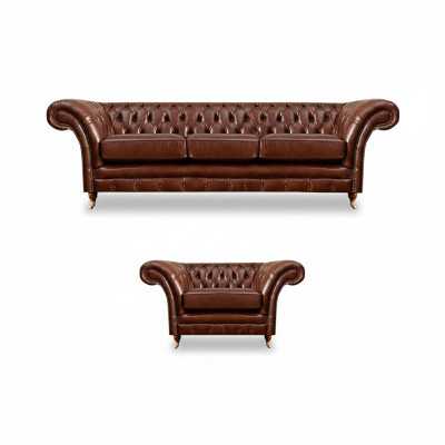 Braun Garnitur 2tlg Dreisitzer Sofa Leder Sessel Chesterfield Wohnzimmer