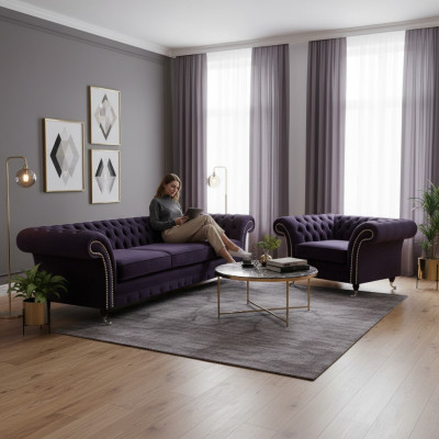 Komplett Set 2tlg Dreisitzer Sofa Chesterfield Lila Sessel Wohnzimmer Neu