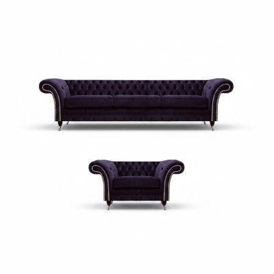 Komplett Set 2tlg Dreisitzer Sofa Chesterfield Lila Sessel Wohnzimmer Neu