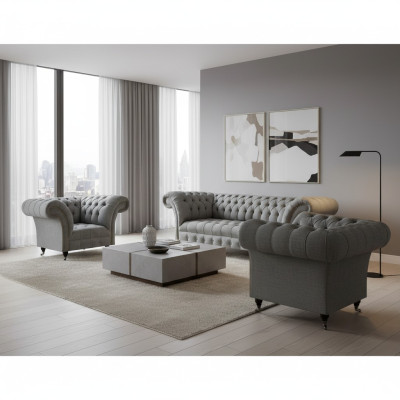 Wohnzimmer Set 3tlg Chesterfield Sofas Grau Textil Polstermöbel 2x Sessel