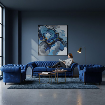 Blau Luxus Sofagarnitur Komplett 3tlg Einrichtung Textil Stoff Chesterfield