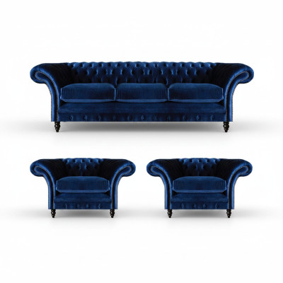 Blau Luxus Sofagarnitur Komplett 3tlg Einrichtung Textil Stoff Chesterfield