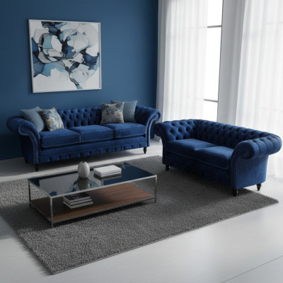 Wohnzimmer 2tlg Dreisitzer Sofa Blau Zweisitzer Sofas Einrichtung Chesterfield