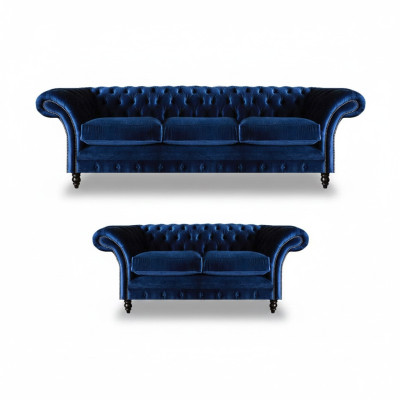 Wohnzimmer 2tlg Dreisitzer Sofa Blau Zweisitzer Sofas Einrichtung Chesterfield