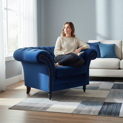 Blau Chesterfield Sessel Luxus Design Polster Stoff Neu Wohnzimmer Einrichtung