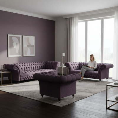 Luxus Design Sofagarnitur Set 3tlg Chesterfield Lila Wohnzimmer Polster Sofas