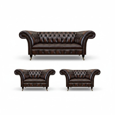 Luxus Braun Leder Sofa Set Wohnzimmer 2x Sessel Dreisitzer Couch Chesterfield