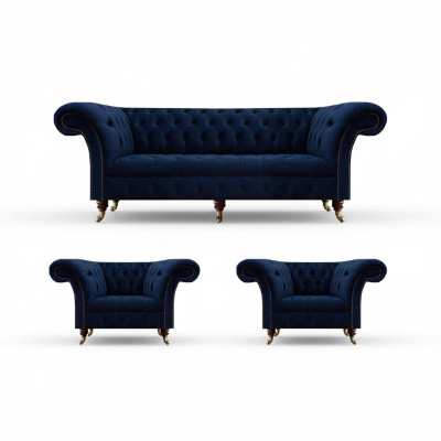 Wohnzimmer Set 3tlg Chesterfield Blau Luxus Dreisitzer Sofa 2x Sessel Neu