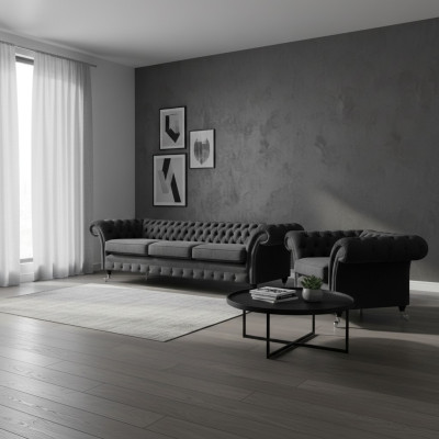 Wohnzimmer Polstermöbel Schwarz Dreisitze Sofa 3+1 Sessel Chesterfield