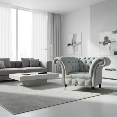 Chesterfield Hellgrauer Sessel Moderne Wohnzimmer Polster Sitzmöbel