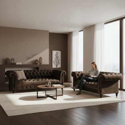 Braune Chesterfield Sitzmöbel Wohnzimmer 2-Sitzer Luxus Dreisitzer 2tlg