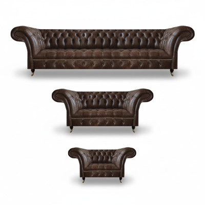 Braune Chesterfield Ledergarnitur Wohnzimmer 4-Sitzer Zweisitzer Sessel