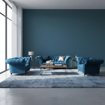 Chesterfield Blaue Polstergarnitur Wohnzimmer Sofagarnitur 3-Sitzer 3tlg