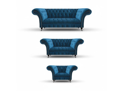 Chesterfield Blaue Polstergarnitur Wohnzimmer Sofagarnitur 3-Sitzer 3tlg