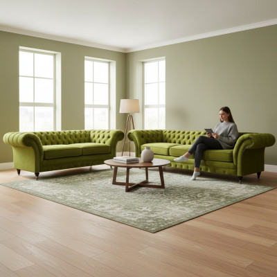 Olivengrüne Chesterfield Sofagarnitur Wohnzimmer Komplette Textil Möbel