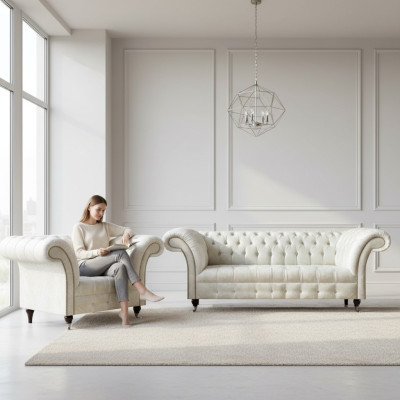 Moderne Chesterfield Weiße Stoffcouch Exklusiver Wohnzimmer Sessel 2tlg