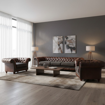 Braun-Graue Chesterfield Sitzgarnitur 2x Ledersessel Dreisitzer 3tlg Set
