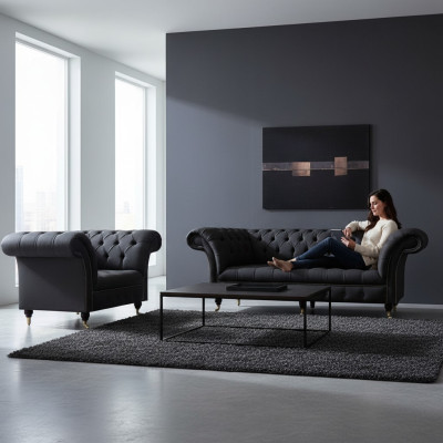 Chesterfield Schwarze Stoffgarnitur Designer 3-Sitzer Polstersessel 2tlg