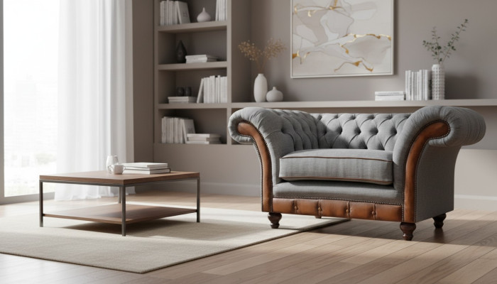Chesterfield Hellgrauer Lehnsessel Designer Stoffsessel Textil Möbel