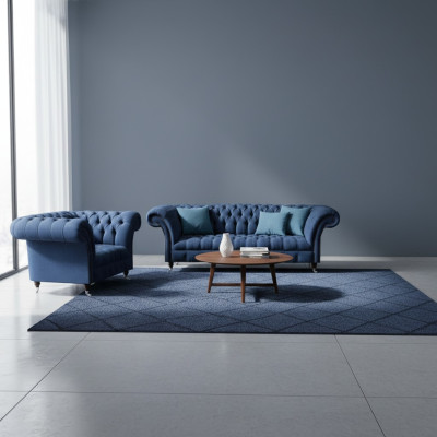 Blaue Sofagarnitur Chesterfield Textil Couchen Dreisitzer Zweisitzer 2tlg