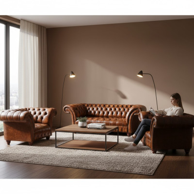 Braune Wohnzimmer Chesterfield Garnitur 2x Ledersessel Edler Dreisitzer