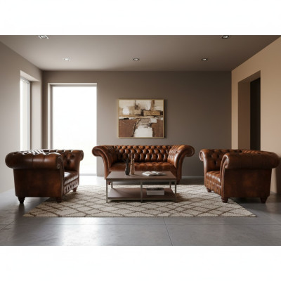 Braune Wohnzimmer Chesterfield Garnitur 2x Ledersessel Edler Dreisitzer