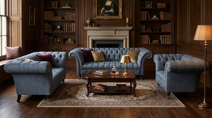 Wohnzimmer Chesterfield Set Designer Graue Sofagarnitur Sessel 3-Sitzer