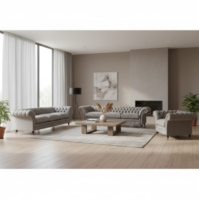 Chesterfield Hellgraue Stoffsofas Garnitur Wohnzimmer Polster Möbel
