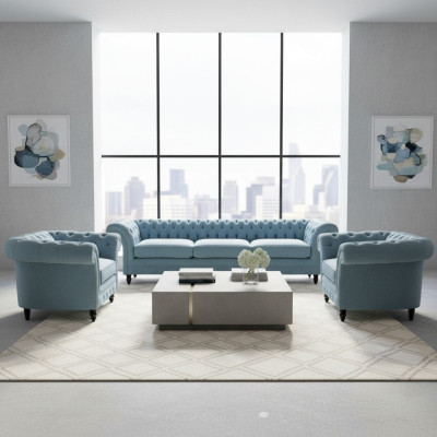 Chesterfield Polster Sitzmöbel Blaue Sofagarnitur 3-Sitzer 2x Sessel