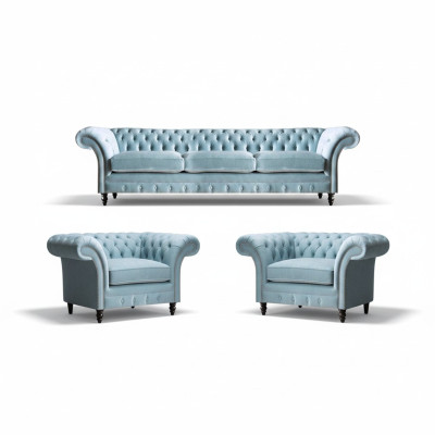 Chesterfield Polster Sitzmöbel Blaue Sofagarnitur 3-Sitzer 2x Sessel