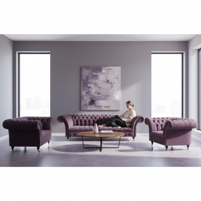 Chesterfield Lila Textilsofas Designer Polster Couchen 3tlg Garnitur