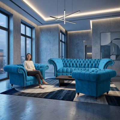 Wohnzimmer Chesterfield Sitzgarnitur Edler Dreisitzer 2x Polstersessel