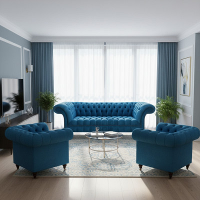 Wohnzimmer Chesterfield Sitzgarnitur Edler Dreisitzer 2x Polstersessel