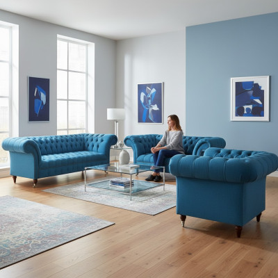 Chesterfield Hellblaue Designer Sitzmöbel Edler 3-Sitzer Zweisitzer 3tlg