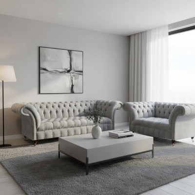 Chesterfield Hellgraue Polster Garnitur Designer 2x Textilsofas 2tlg