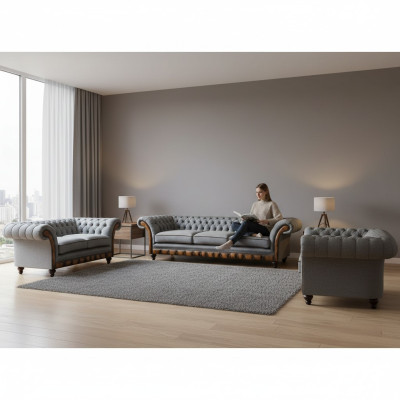 Chesterfield Hellgraue Polstermöbel Wohnzimmer Sofagarnitur Edles Set