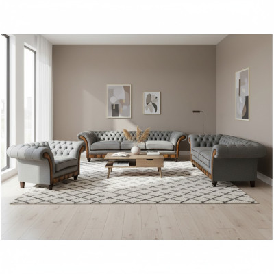 Chesterfield Hellgraue Polstermöbel Wohnzimmer Sofagarnitur Edles Set