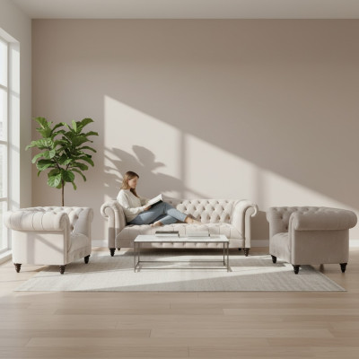 Stilvolle Chesterfield Couchgarnitur Moderne Textilcouch 2x Lehnsessel
