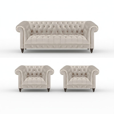 Stilvolle Chesterfield Couchgarnitur Moderne Textilcouch 2x Lehnsessel